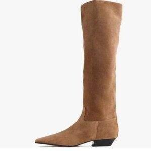 Brown Suede Square Toe Knee High Boots Wide Calf Low Chunky Heel Long Boots